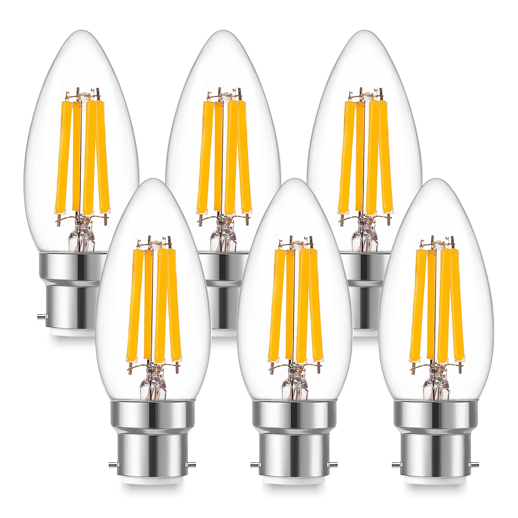 Genixgreen B22 Bayonet Cap Candle Bulbs ,6.5W C35 B22 Dimmable LED Filament Candle Light Bulbs, 60-80W Equivalent Warm White 2700K , 806LM,Decorative Light Bulbs Retro Clear Glass-6 Pack