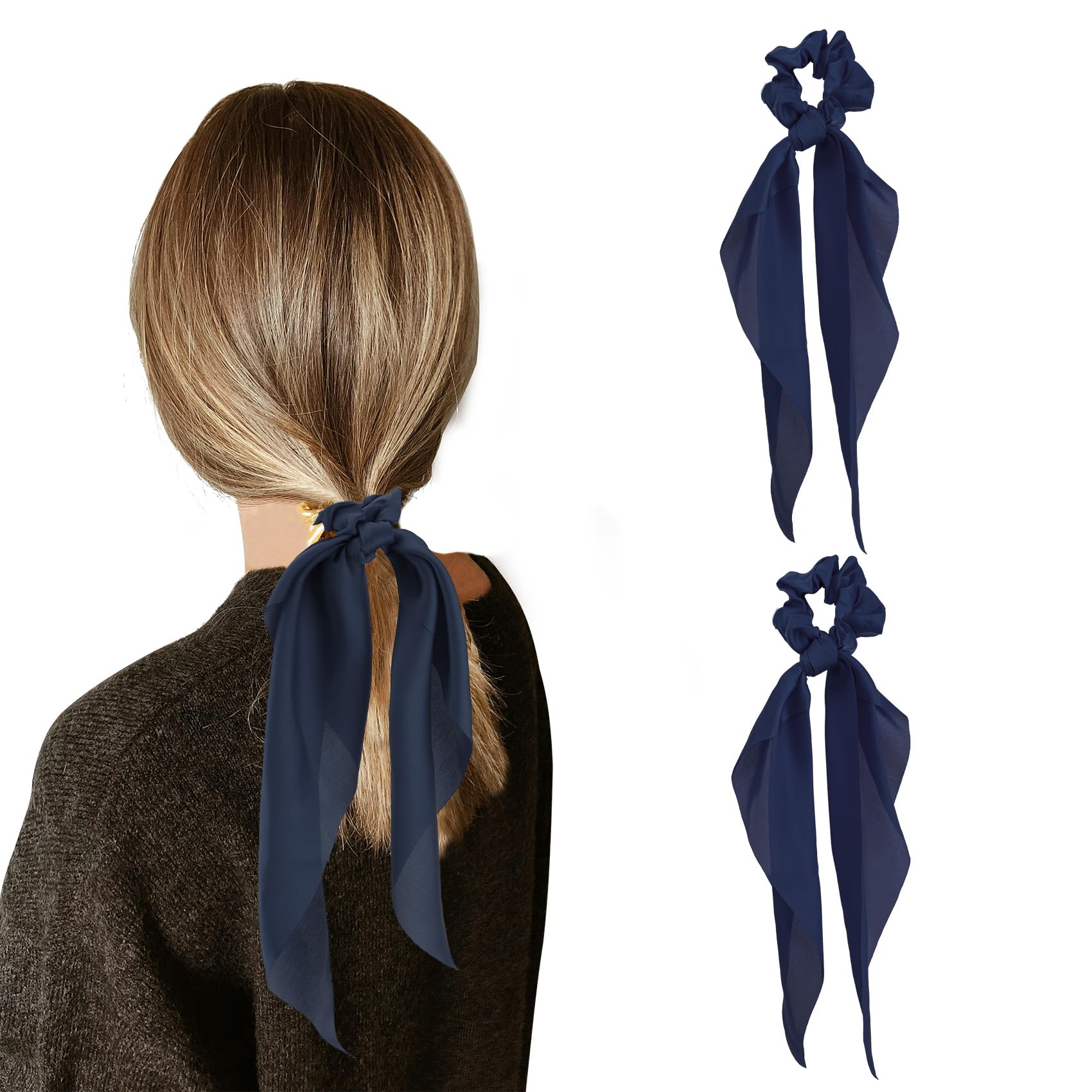 Photo 1 of Blue Silk Scrunchies and Hair Bow - Satin Hair Ties With Scarf for Women - Ponytail Holders 2pcs