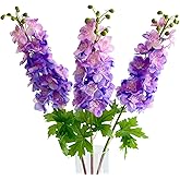 YalzoneMet 3pcs Purple Delphinium Artificial Flower 31.5'' Long Stem Fake Larkspur Lifelike Real Touch Delphinium Latex Flower for Tall Vase Home Table Decor Wedding Flower Arrangement Decoration
