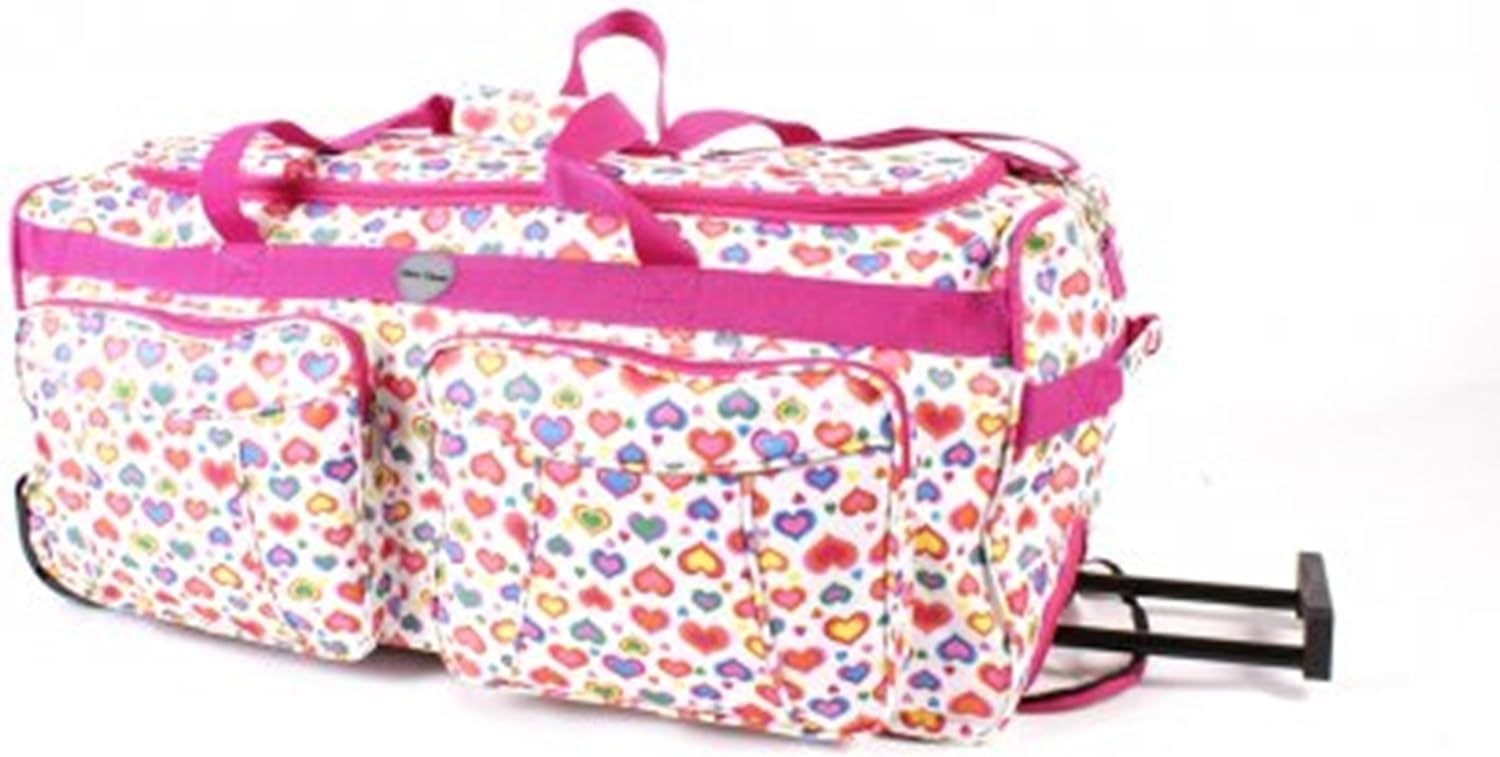 Womens & Mens & Girls, 26" LARGE Wheeled Pink Multi Colour Love Hearts Large Holdall Weekend Bag
