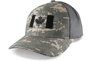 Canada Flag Black Embroidery on an Adjustable Structured Classic Tactical Khaki Charcoal Digital Camo Trucker Mesh Cap