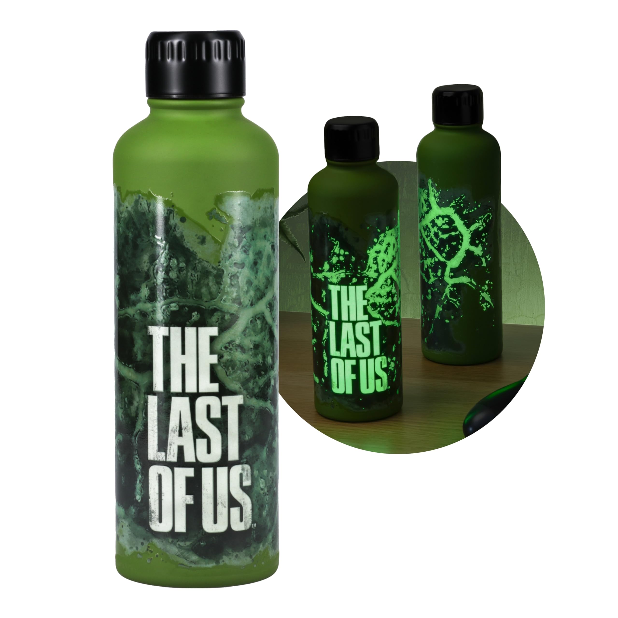 Paladone The Last of Us Official Licensed Movie Icon Glow in the Dark Water Bottle, Gamer Decor and Gift, Neon Green Desk Accessory for All Ages, Drinkware for Gaming Fans