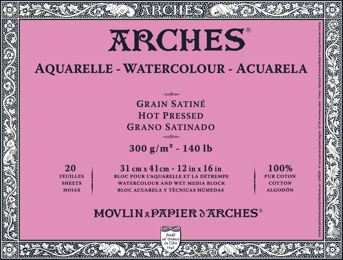 ARCHES 31 x 41 cm 300 GSM Hot Pressed Glued on 4 Sides Block Watercolour Paper - Natural White (Pack of 20 Sheets)