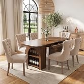 TesNus 71" Walnut Dining Table Set for 6, Storage Table and 6 Velvet Chairs | 7-piece dining table set with 2 hidden drawers, open storage shelves, rounded wood-grain top, 6 button-tufted nailhead chairs