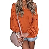 BTFBM Women's V Neck Long Sleeve Blouse Loose Fit Tunics Ruffles Off Shoulder Waffle Knit Solid Color Tops Fall Tee Shirts
