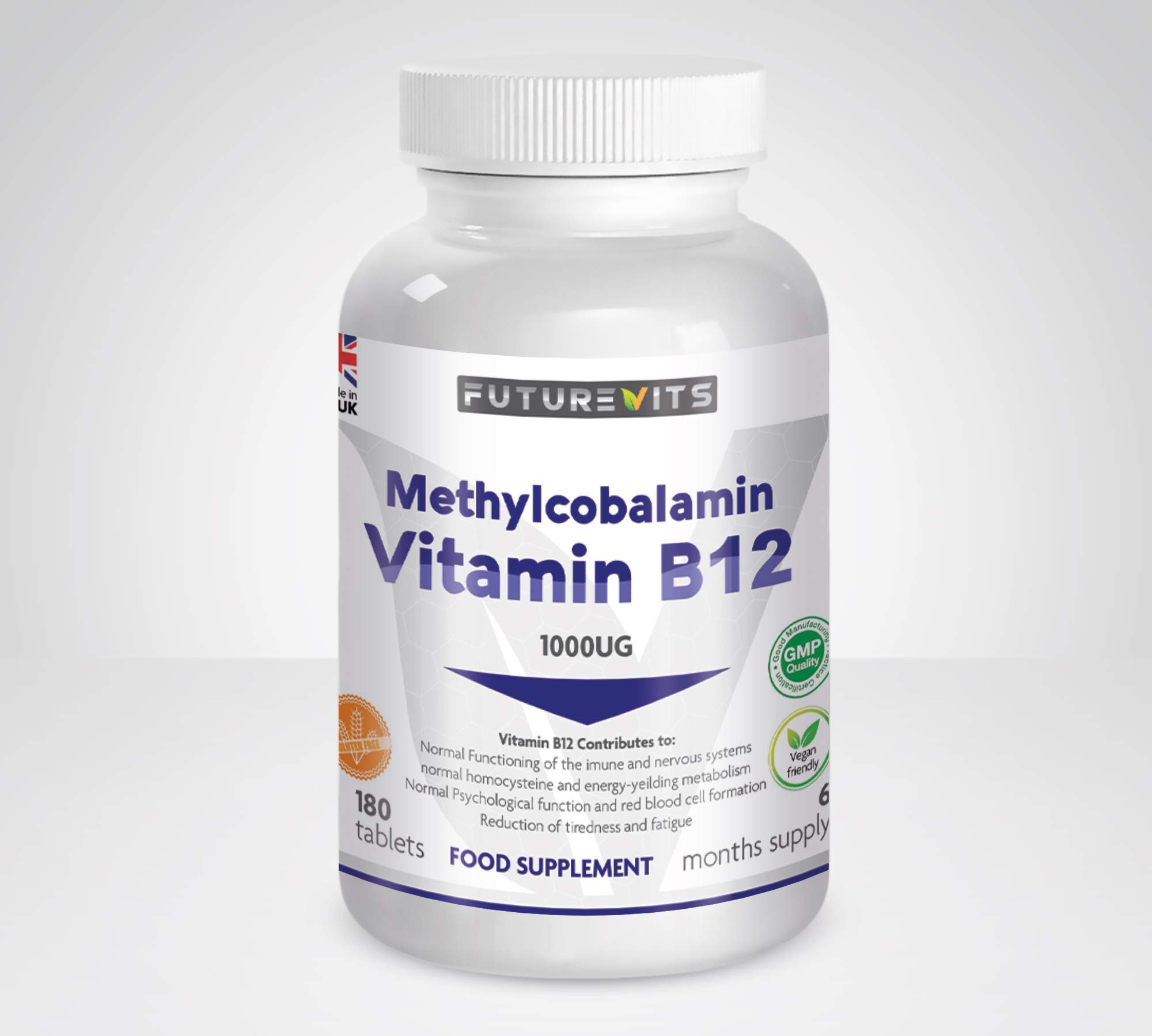 Vitamin B12 1000μg - High Strength B12 Methylcobalamin - 180 Vegan Tablets Gluten Friendly Made in UK Futurevits