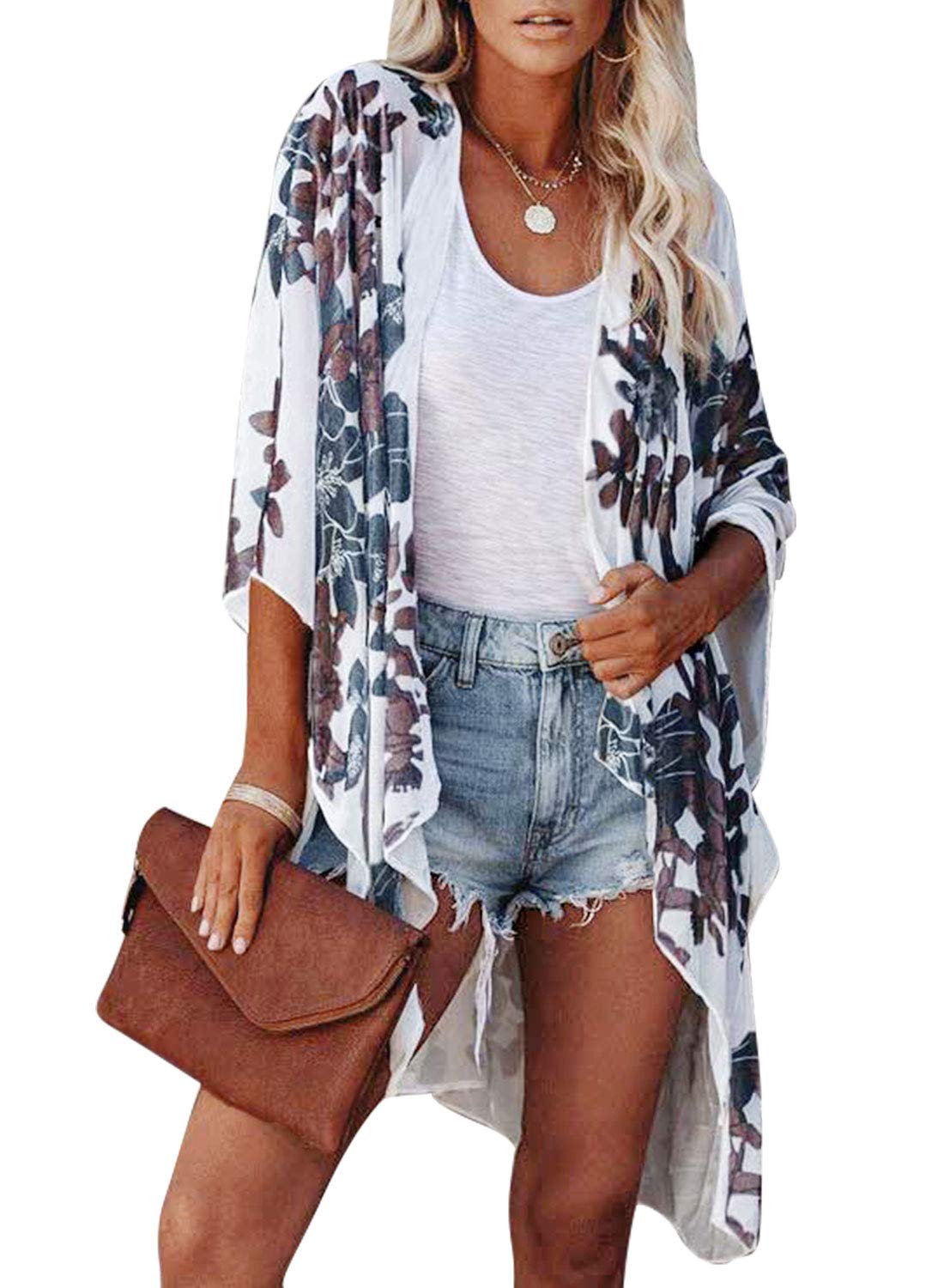 Women Chiffon Loose Shawl - Chiffon Floral Print Kimono Cardigan Cover Up Boho Summer Casual Blouse Beach Swimwear