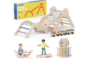 COSYLAND Pikler Triangle Set - 8 in 1 Montessori Climbing Toys for Toddlers 18M-3Y, Foldable Wooden Indoor Jungle Gym & Playground with Train Toy & Gift Box, Anti-Tip Design, ASTM Certified, Rainbow