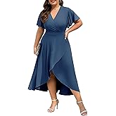 Actcat Womens Plus Size Maxi Dress Ruffle Short Sleeve Elegant Wrap V Neck High Low Split Long Dress