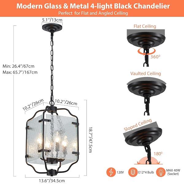 MAJHOIW 10.2″ BLACK CHANDELIERS GLASS 4 LIGHT MODERN FARMHOUSE LANTERN CAGE LAMP ADJUSTABLE HANGING PENDANT LIGHTING FIXTURE FOR KITCHEN ISLAND ENTRYWAY FOYER DINING ROOM