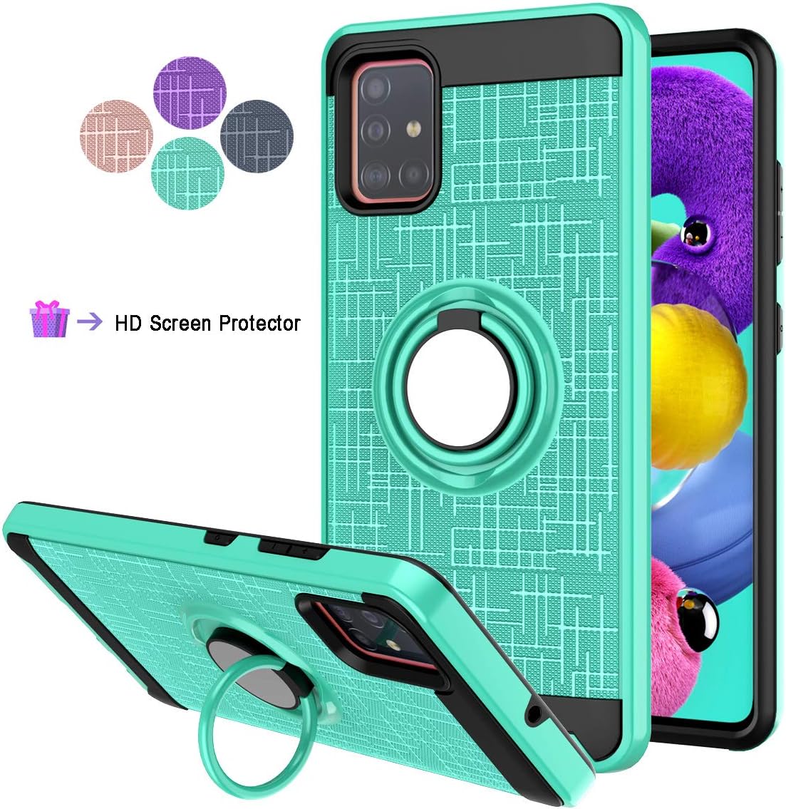 StarLodes Compatible for Samsung Galaxy A51 Case,A515 Phone Case,(NOT for 5G Version)[HD Screen Protector] Shockproof Protective Cover with Rotatable Ring Kickstand Fit Magnetic Car Mount-Mint Green