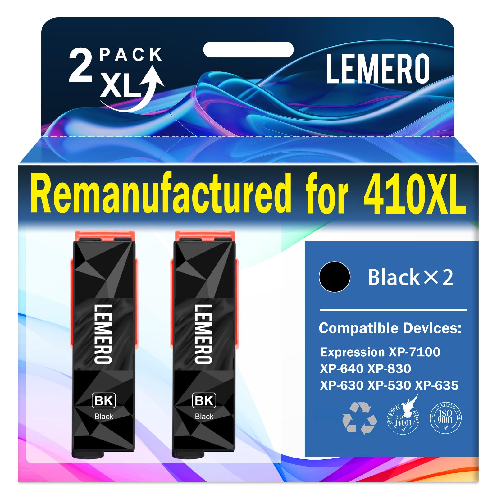 Photo 1 of LEMERO Remanufactured Ink Cartridge Replacement for Epson 410XL 410 XL T410XL to use with Epson Expression XP-640 XP-830 XP-7100 XP-530 XP-630 XP-635 (High Capacity Black) 2 Pack