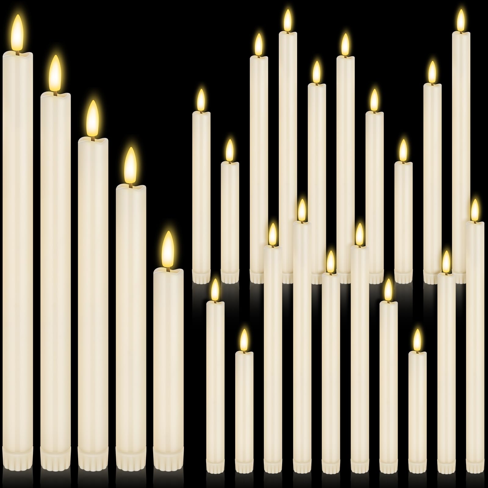 Photo 1 of Rossesay 20 Pcs Flameless LED Taper Candles Battery Operated Taper Candles 5 Sizes of 6.5'', 7.7'', 8.8'', 10.0'', 11.2'' Flameless Candlesticks Flickering with 3D Flame for Wedding(Ivory White)