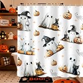 FAMTUDE Halloween Shower Curtain,Vintage White Spooky Cute Funny Ghost Pumpkins Halloween Shower Curtains for Bathroom,Waterproof Fabric Curtain with 12 Hooks,72 X 72 Inches