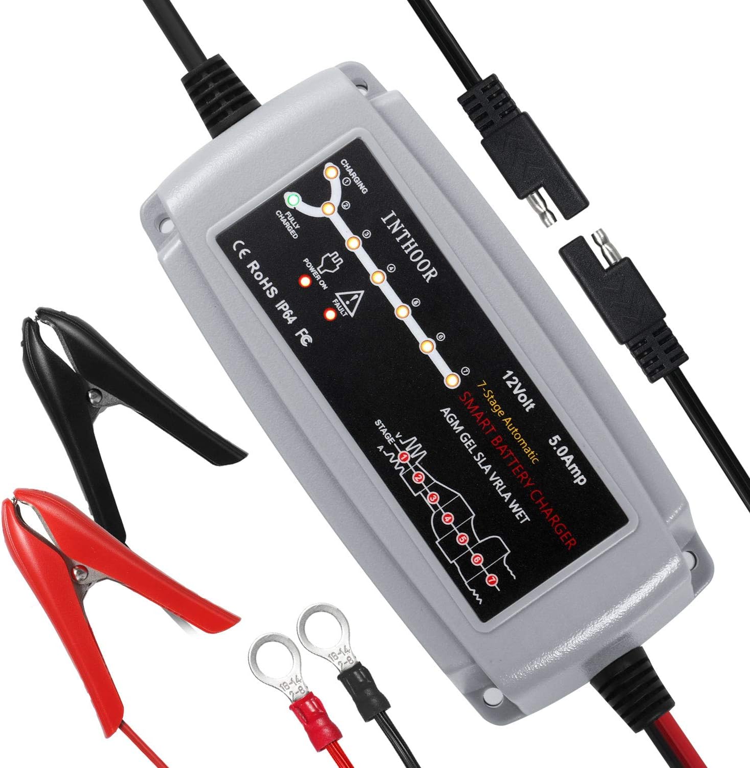 InThoor Caricabatteria e Mantenitore di Carica Auto Moto12V 5 A, 7
