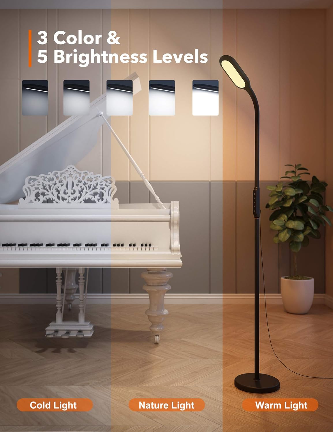 TaoTronics LED Floor Lamp 5 brightness levels & 3 colors, 1815 Lumens & 50, 000 Hours, Flexible Gooseneck Dimmable Floor Lamp for Reading Living Room, Touch Control, Philips Enabled Licensing Program - - 