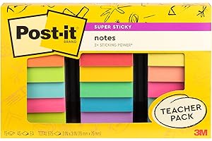Post-it Super Sticky Notes Teacher Pack, Assorted Colors, 3 in. x 3 in., 15 Pads/Pack, 45 Sheets/Pad (654-15SSBTS-SR)