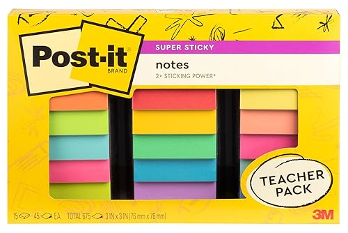Post-it Super Sticky Notes Teacher Pack, Assorted Colors, 3 in. x 3 in., 15 Pads/Pack, 45 Sheets/Pad (654-15SSBTS-SR)