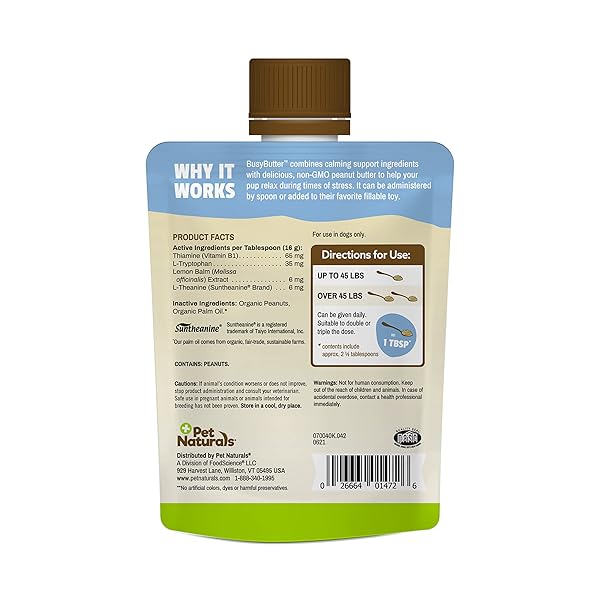 PET NATURALS BUSYBUTTER EASY SQUEEZE CALMING PEANUT BUTTER FOR DOGS, 6 POUCHES – GREAT FOR TREATS, LICK MATS, TRAINING, CALMING, AND OCCUPIER TOYS, BUSY BUTTER, 1.5OZ (PACK OF 6)