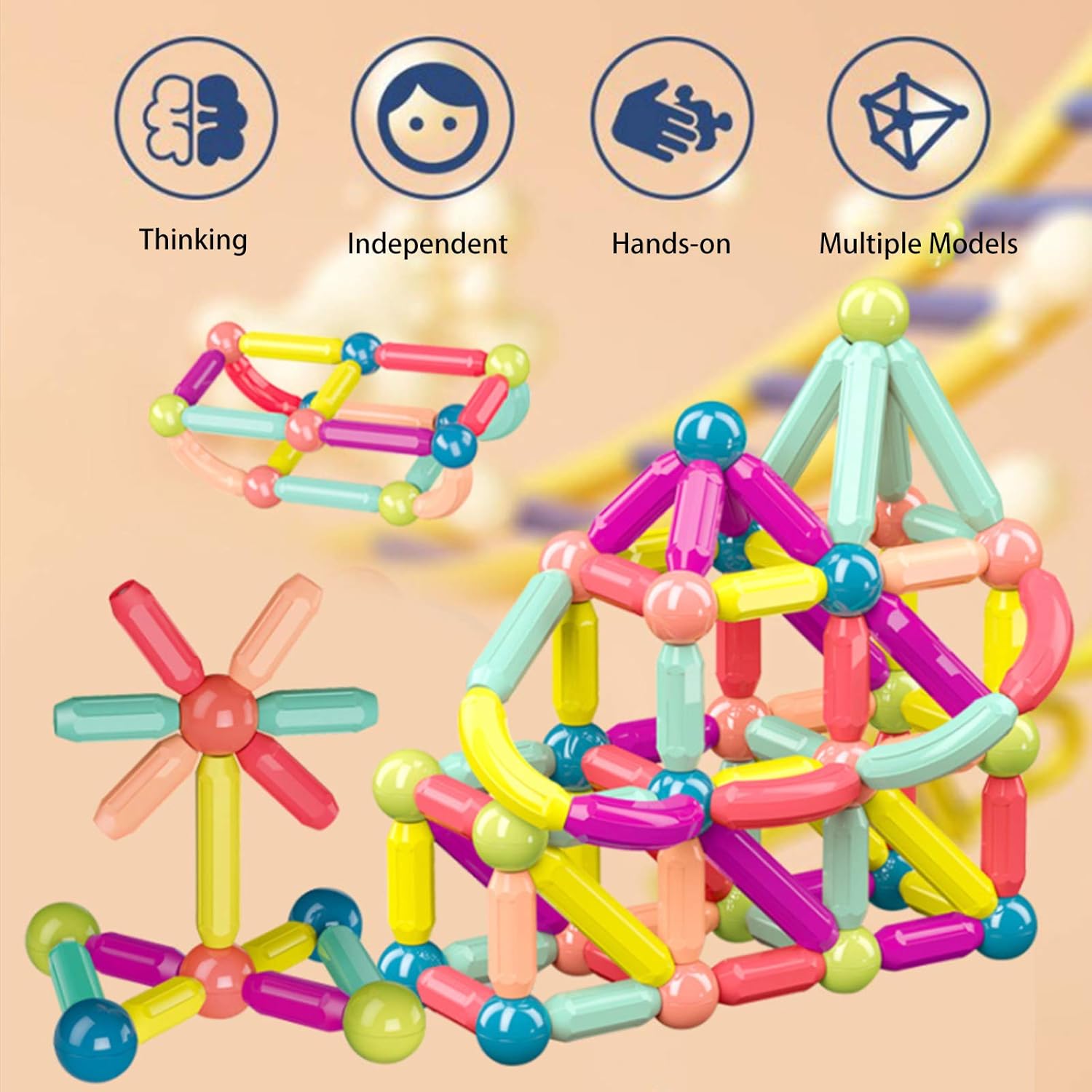 64 PCS Magnetic Balls and Rods Building Sticks Blocks Set Vibrant Colors Different Sizes Curved Shapes Children Educational Stacking STEM Toys for Kid Age 3+: Toys & Games