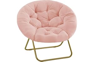 HealSmart Saucer Chair, Comfy Faux Fur Chair for Bedroom, Saucer Chairs for Adults, Teens, Round Shaped Moon Chair with Foldable Metal Frame, Pink