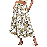Wenrine Womens Floral Print Maxi Skirt High Waisted A Line Boho Flowy Beach Vacation Long Skirts with Pockets