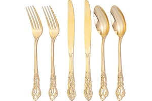 Joyido 300Pieces Gold Plastic Silverware - Heavy Duty Gold Disposable Utensils - Vintage Plastic Cutlery Set Includes 100 Forks, 100 Spoons, 100 Knives for Dinner Parties Weddings