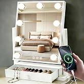 Makeup Mirror with Lights with Drawer Storage Type-C and USB Charging Port | Vanity Mirror with Charging Station Hollywood Mirror 9 LED Bulbs 3 Colors Dimmable Gifts No installation required