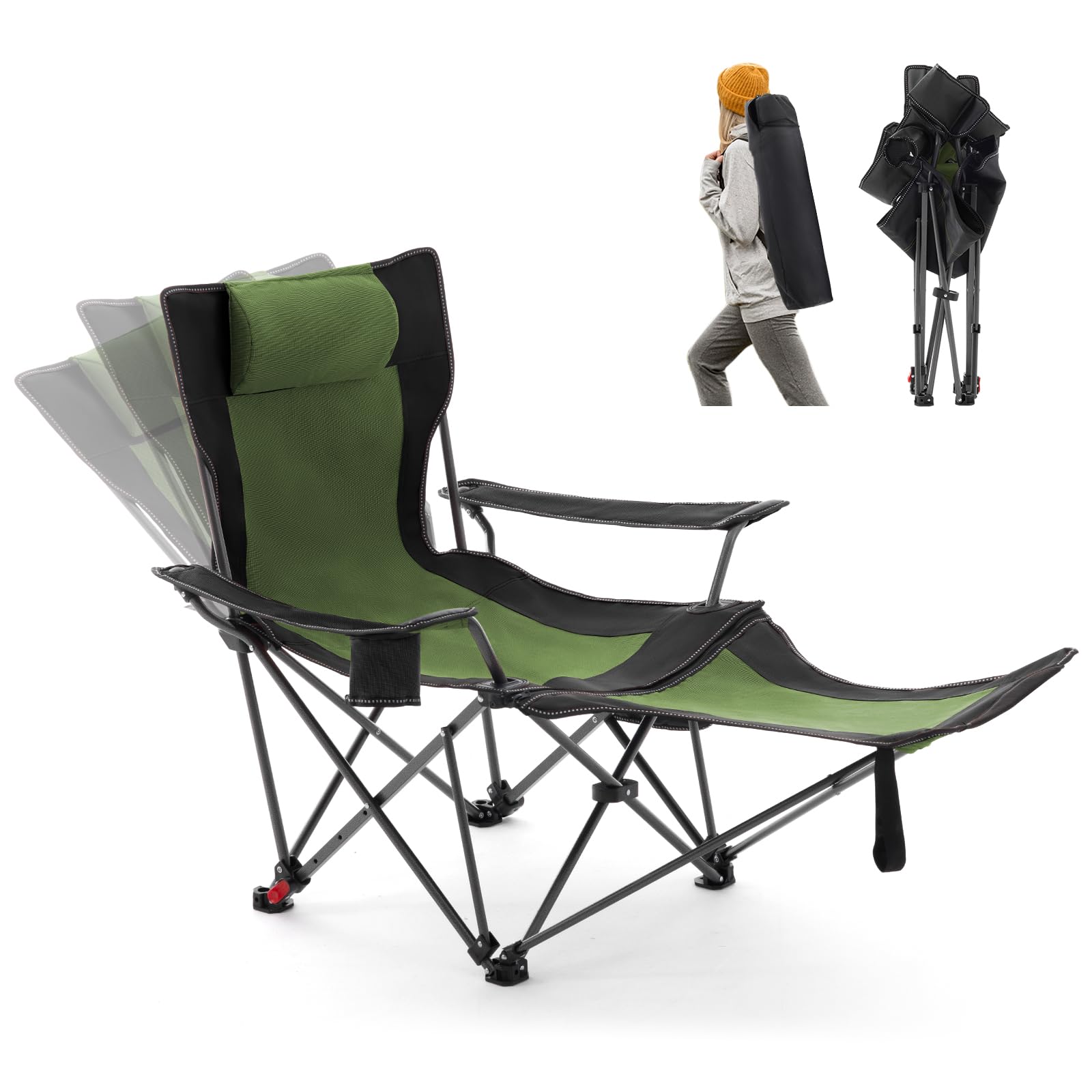 Photo 1 of Reclining Camping Chair with Foot Rest, Folding Lounge Chair for Adults,Outdoor Chair Support 300 lbs with Adjustable Backrest &Cup Holder Portable Recliner Beach Chair for Lawn Outside,Green