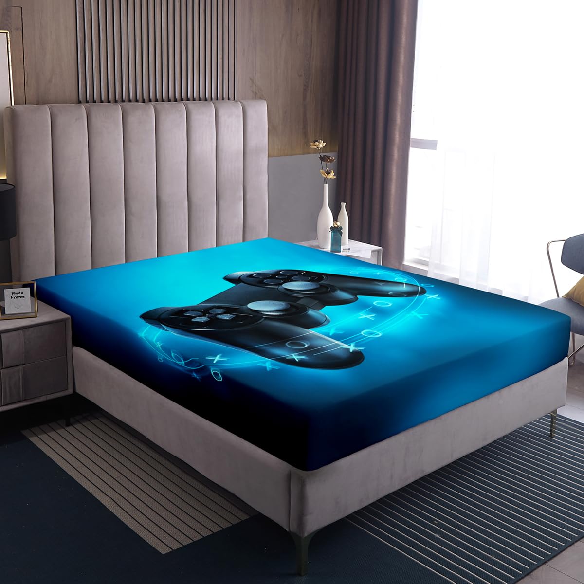 Loussiesd Boys Game Fitted Sheet 100% Microfiber Breathable Video Game Gamepad Gaming Only Bedsheet No Pillowcases Fitted Sheets Luxury Blue Single Size(90 x 190+30cm)