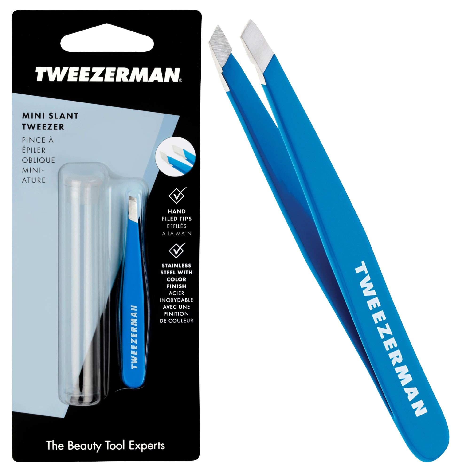 Tweezerman Bahama Blue Mini Slant Tweezer, Professional Stainless Steel Precision Tweezers for Facial Hair and Eyebrows, with Travel Case, (Pack of 1)