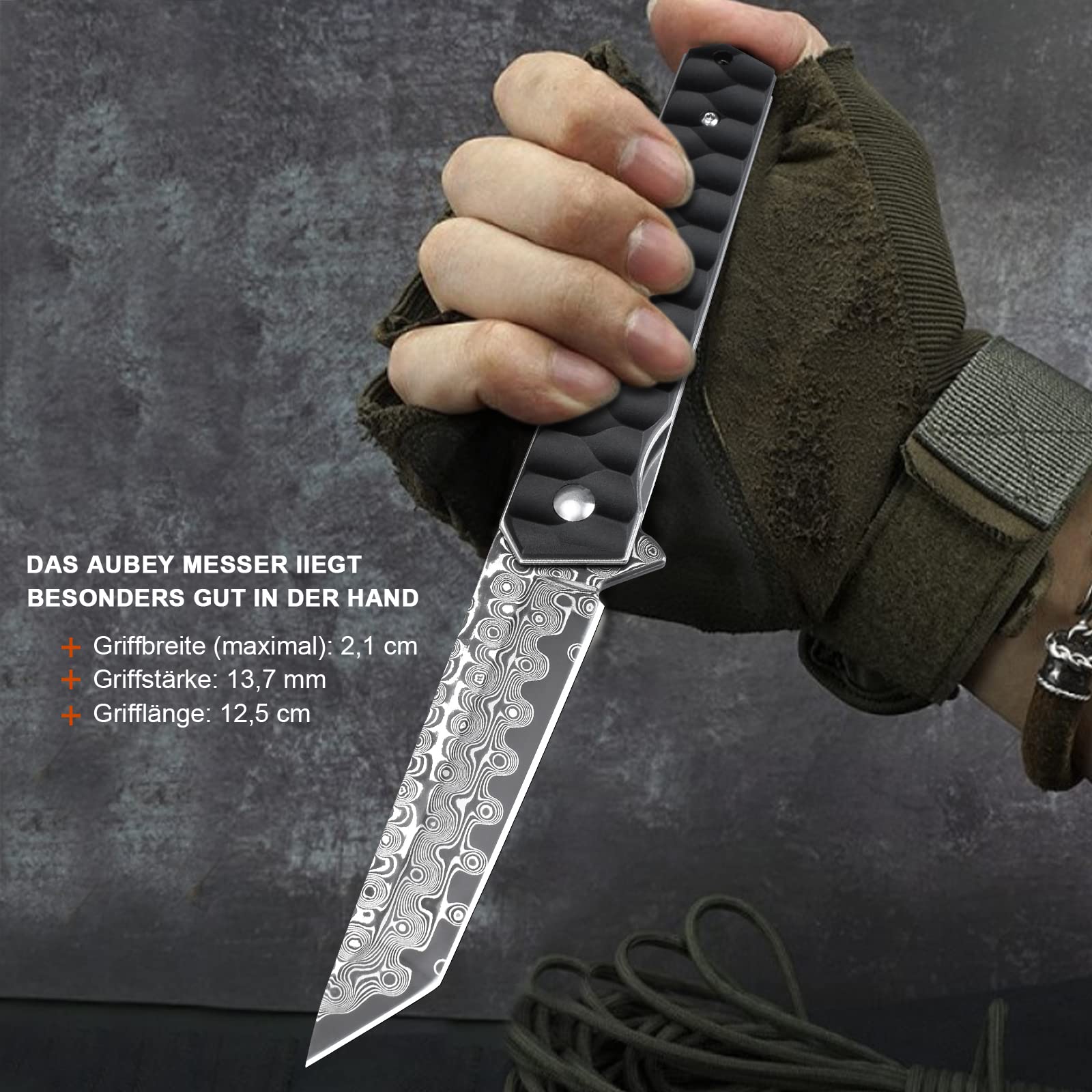 AUBEY Damast Taschenmesser Klappmesser mit Clip, Damaststahl Klinge Tanto Messer mit Flipper, Liner Lock, Aluminium Griff, Glasbrecher, Geschenkbox - Einhandmesser für EDC Jagd Camping Sammeln 5