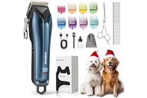 FuzzyFix Dog Clippers for Grooming for Thick Coats, Detachable Blade Cordless Rechargeable Professional Pet Grooming Hair Trimmer Shaver Kit with 8 Guide Combs for Dogs Cats Animals