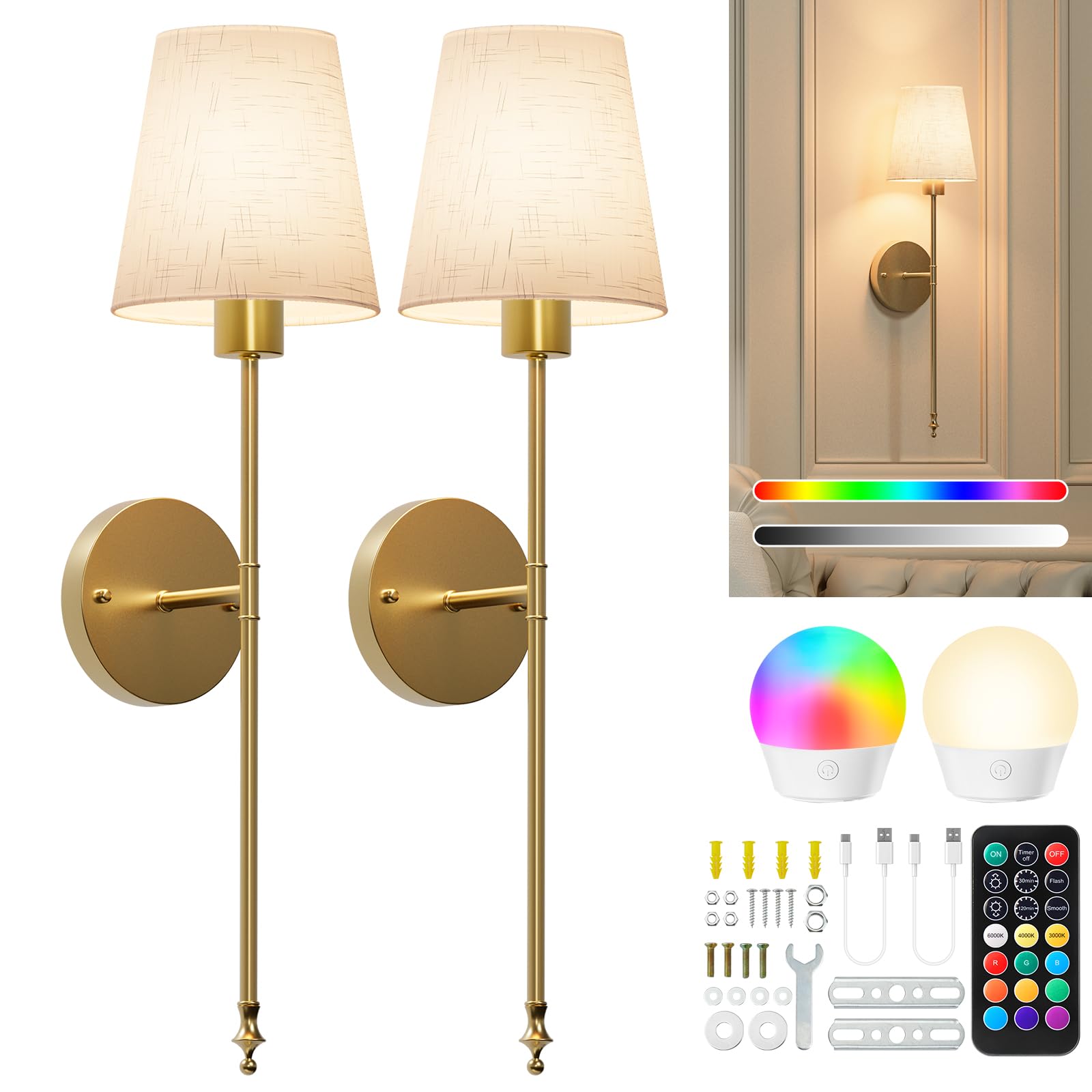Photo 1 of Battery Operated Wall Sconces Set of 2, Cordless Wall Lights with Rechargeable Bulbs and Remote, 12 Lighting Colors and Dimmable, Battery Powered Wall Lights for Bedroom Living Room, Gold + Flax