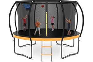 Zevemomo 8FT 10FT 12FT 14FT 16FT Trampoline Outdoor, Trampolines for Kids & Adults, Pumpkin Trampolines with Safety Net, Ladder, Coating Metal Frame, ASTM Approved Large Backyard Trampoline for Kids