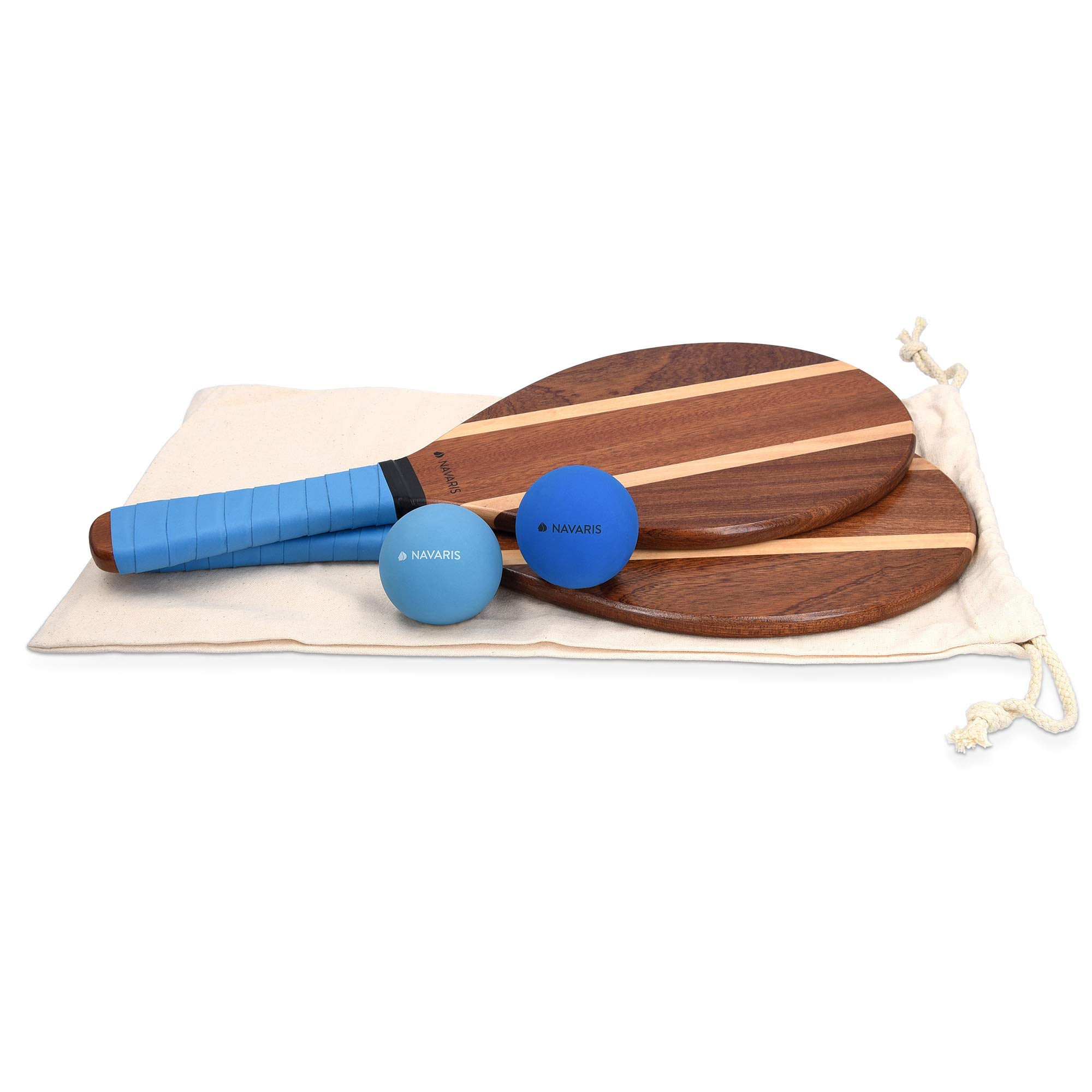 Navaris Frescobol Beach Rackets Set - Includes 2 Wooden Paddles and 2 Balls - Varnished Outdoor Wood Paddle Bat Ball Game for Park or Garden