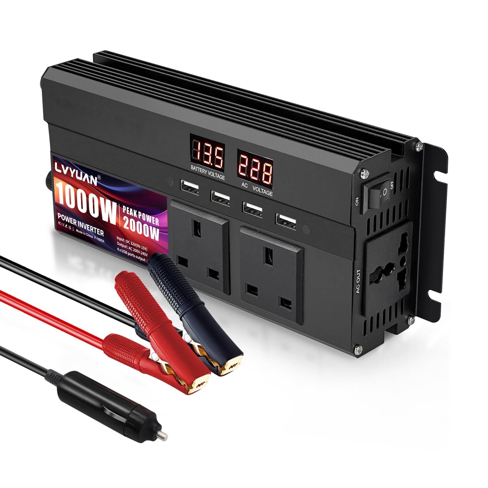 LVYUAN Power Inverter 1000W /2000W DC 12V to 240V 230V AC Car Converter with 4 USB 3 AC Sockets Car Adapter Dual LED Display Cooling Fan