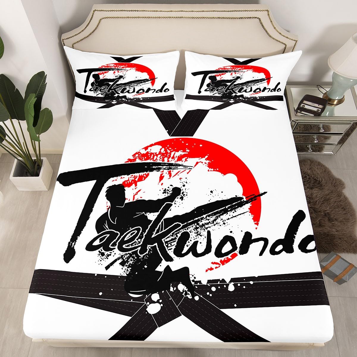 Taekwondo Kids Fitted Sheet Single Size, Sports Theme Bed Cover with 1 Pillowcase, Japanese Style Bedding Set 2pcs for Boys Girls Teens Adult Room Decor, Soft Polyester Bedding