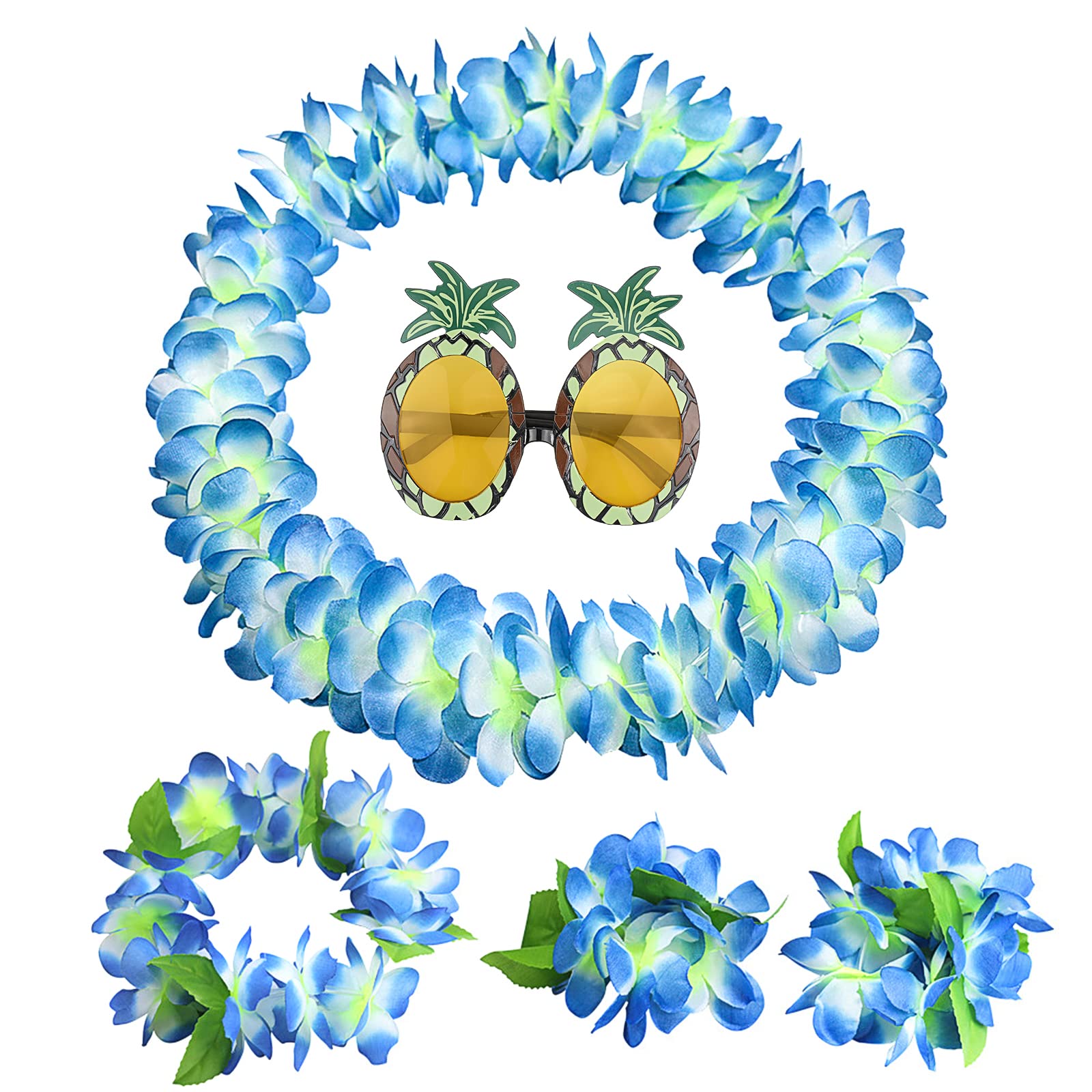 XEPST Hawaiian Party Supplies Set, Blue Hawaiian Flower Lei Set with Pineapple Sunglasses, Headbands, Necklace and Wristbands for Tropical Luau Party Decorations