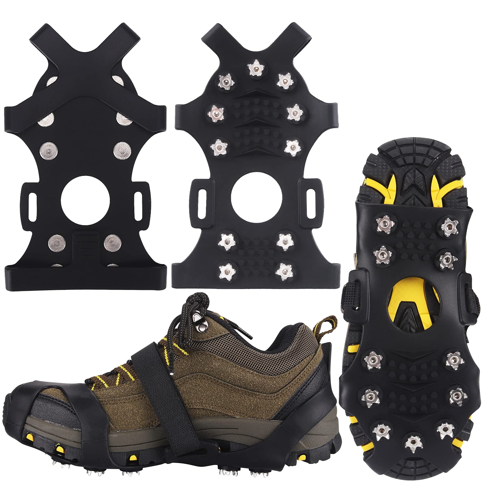 Winline Ice Snow Grips,Ice Grippers Traction Cleats Shoes and Boots Rubber Snow Spikes Crampons with 11 Steel Studs Anti Slip Winter ice Traction Fit for Hiking Fishing Climbing (Black, L)