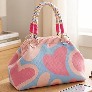 Crochet Handwoven Cloud Bag for Women, Pink Blue Cute Heart Print Handbag with Colorful Braided Handle, Versatile Boho Casual