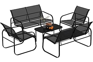 Outsunny 5 Piece Patio Furniture Set, Outdoor Furniture Set with 2 Loveseat Sofas, 2 Armchairs and Glass-Top Table, All Weath