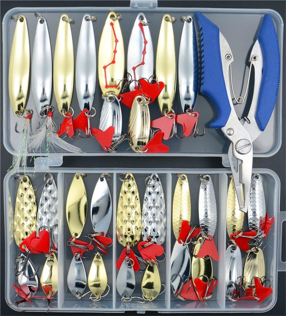 31PCS Fishing Lures Spoon Metal Lures Hard Bait Saltwater Fishing Pliers Fishing Lure Metal Treble Hooks Tackle Salmon Bass,Pike,Musky Trout and Striper