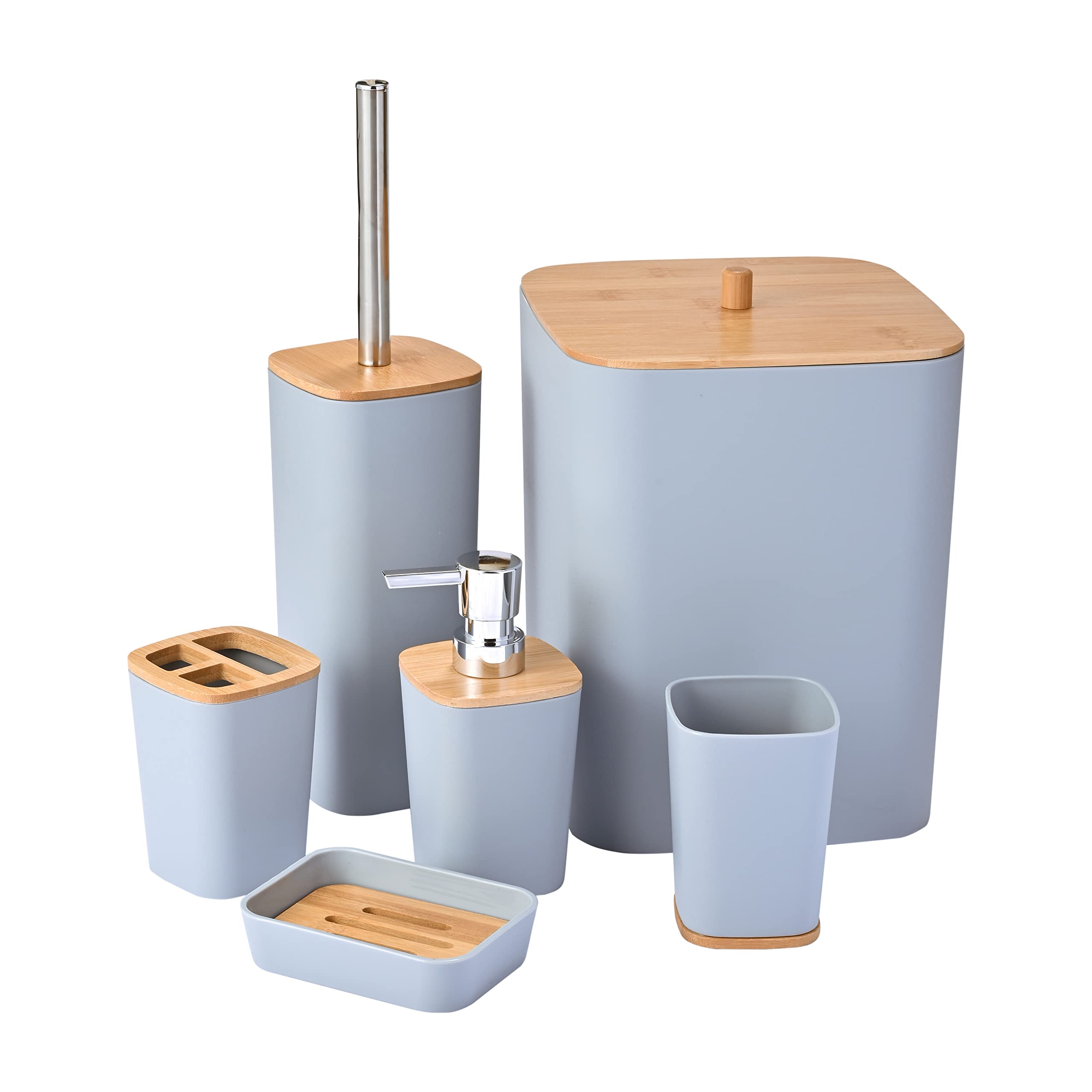 Yorkmills Bamboo Bathroom Accessories set, 6 Pieces Bathroom Accessory Set, Bathroom Bin And Toilet Brush Set, Durable Toothbrush Holder Cup, Soap Dispenser With Pump, Soap Dish Holder