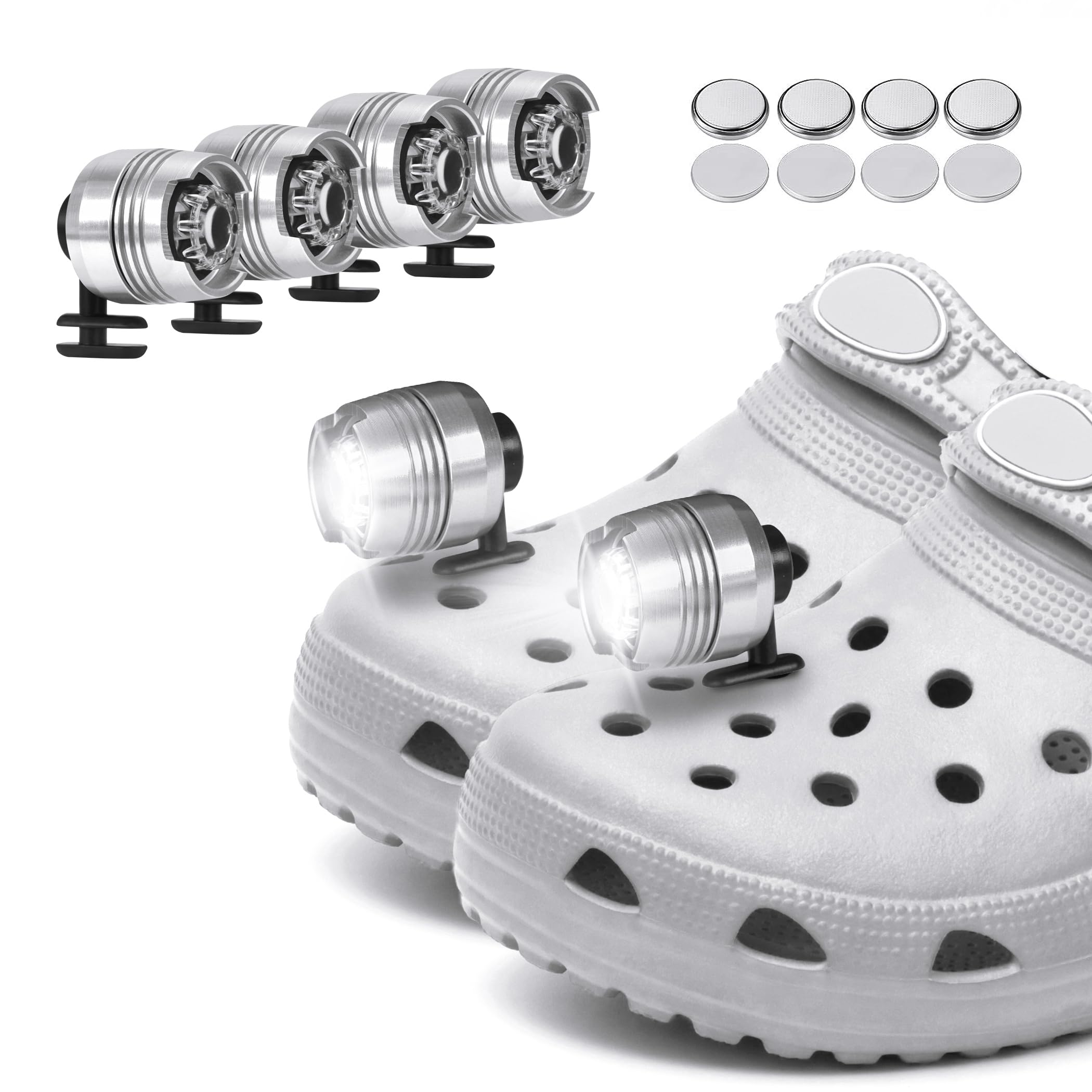 Vagocom 4Pcs Headlights for Croc Shoes, LED Torch Light Charms Accessories for Adults and Kids, 3 Modes Small Flashlight Headlamp Attachment for Hiking,Camping,Dog Walking(Silver)