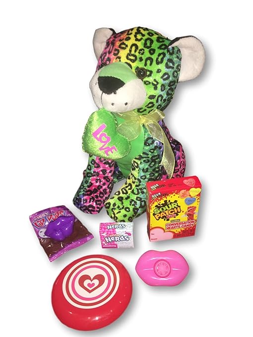 Amazon.com : Gift Valentine - Girls Valentines Day Plush LOVE Leopard & Sour Patch Conversation Hearts, Nerds, Kissy Lip Pops & Fun Items (Rainbow Sparkle ...