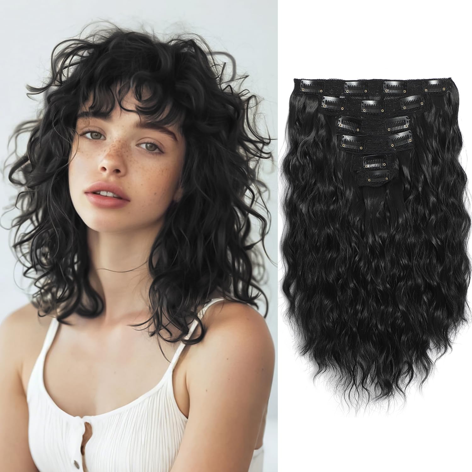 Photo 1 of TYQ Curly Hair Extensions 6PCS Curly Clip In Hair Extensions 12" Short Curly Wavy Black hair extensions Invisible Lace