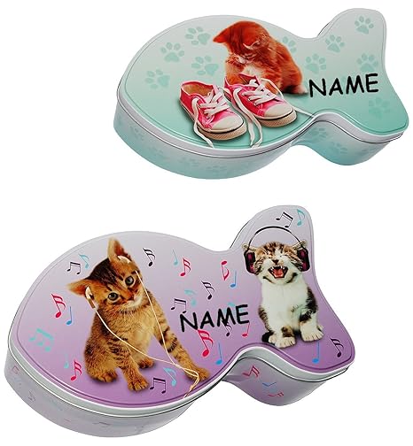 alles-meine.de GmbH Aufbewahrungsdose / Box mit Deckel - Katze & Fisch - incl. Name - aus Metall - Vorratsdose / Utensilo / K