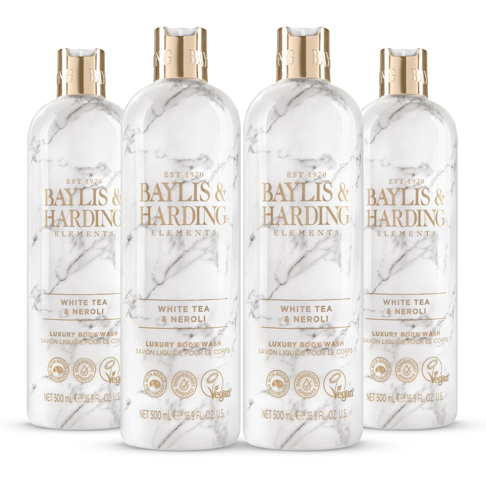 Baylis & Harding Elements White Tea & Neroli Luxury Body Wash, 500 ml (Pack of 4) - Vegan Friendly