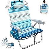 Folding Backpack Beach Chair for Adults, 5-Position Aluminum Lightweight Reclining Beach Chair, Low Sands Compact Chairs with Cup Holder and Padded Headrest for Lawn Patio Poolside,Supports 300lbs